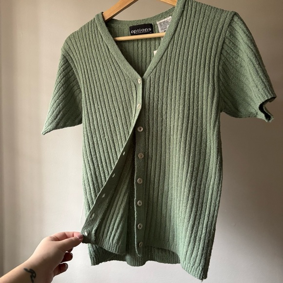 options Sweaters - 1990s Vintage Sage Green Ribbed Button-Up Cardigan